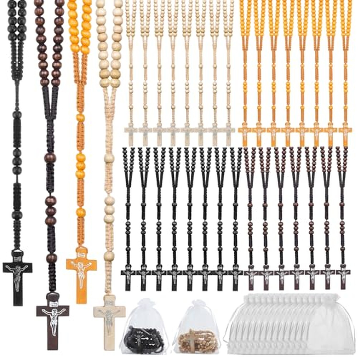48 Pcs Wooden Rosary Beads Necklace Bulk, Handmade Wood Catholic Rosaries wit...