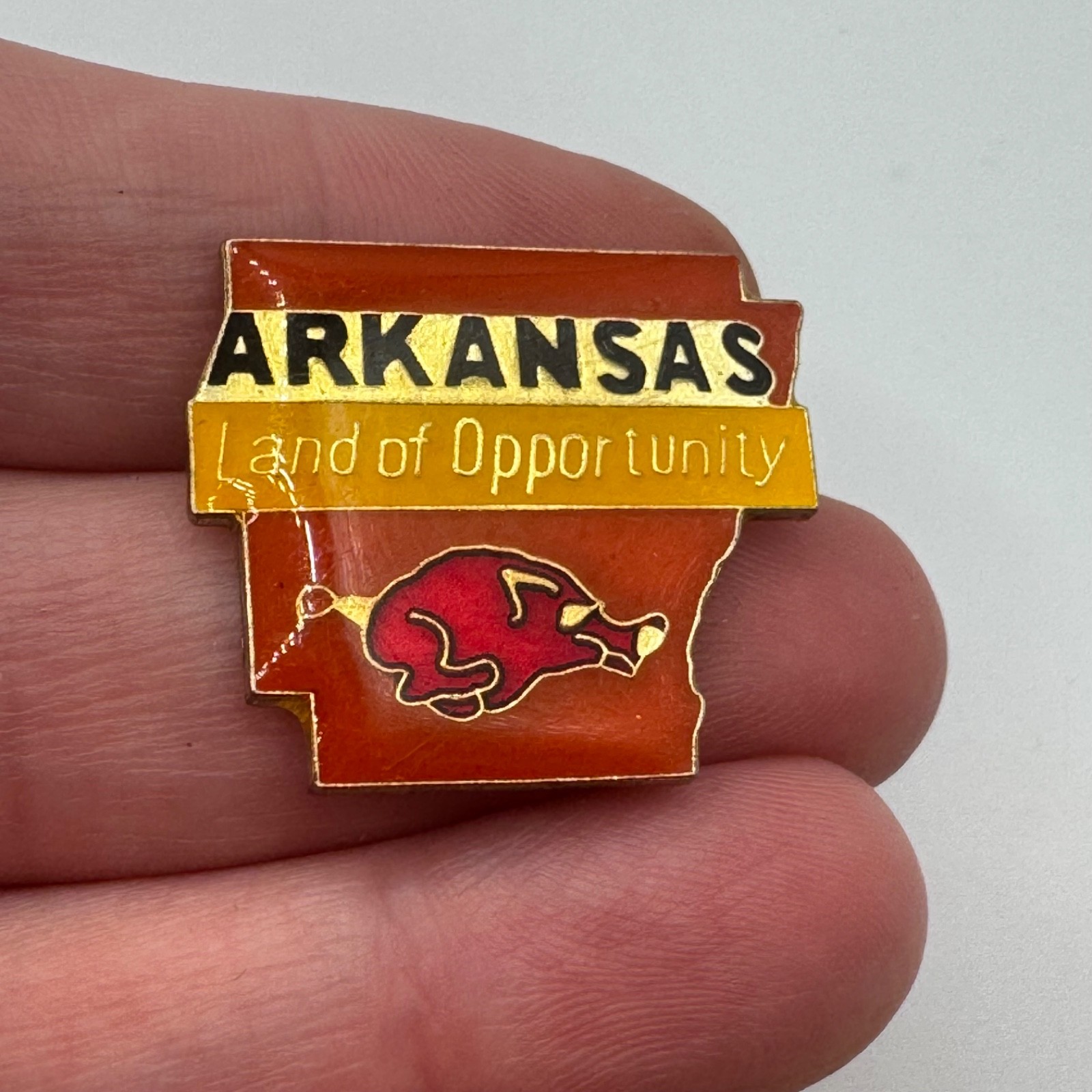 Vintage Arkansas Land of Opportunity State Outline Razorback Enamel Lapel Pin