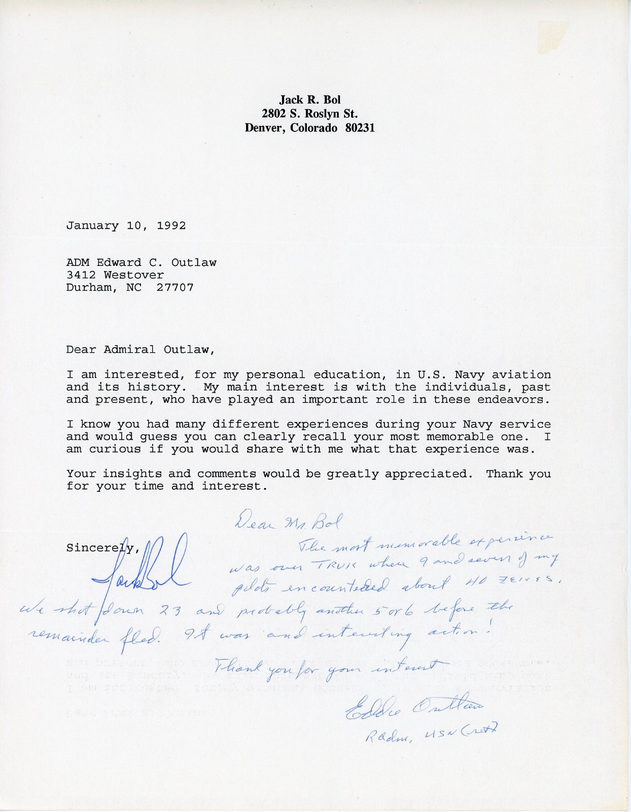 Admiral Edward Outlaw - Signed Note on Fan Letter