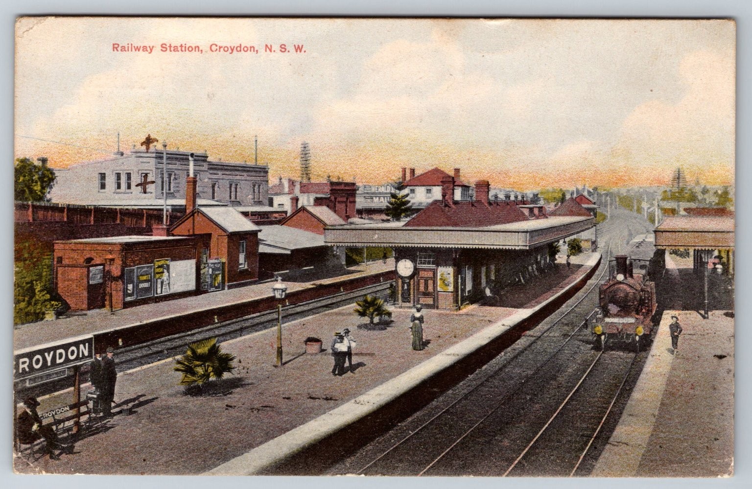 1908 Croydon NSW Railway Station Postcard Australia Steam Train Germany Printed