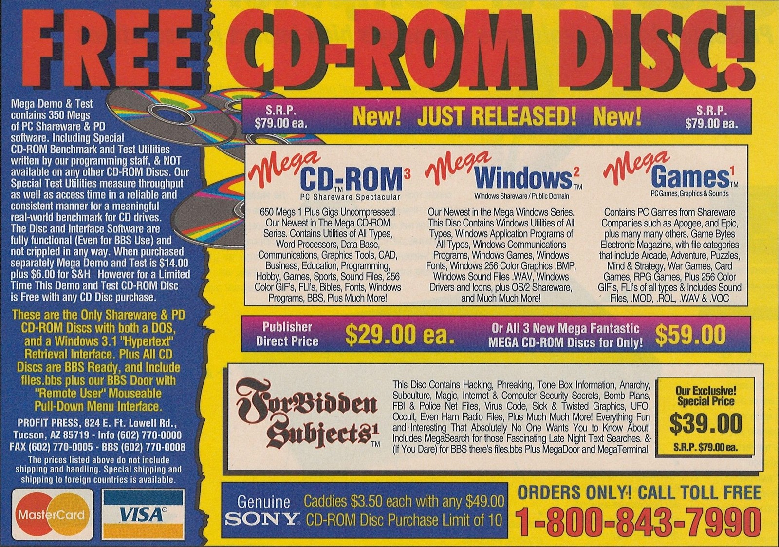 Mega CD-ROM Free Disc Offer Vintage Print Ad 1993 Sharware Tucson AZ u Original