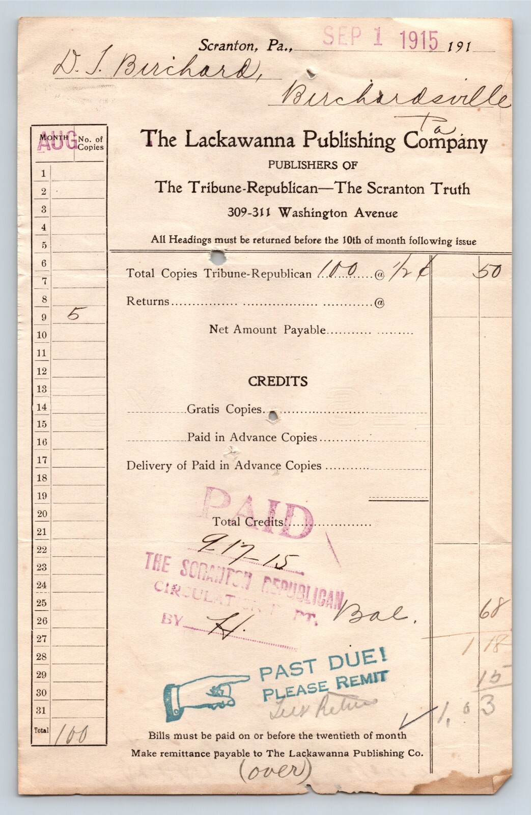 1915 The Lackawanna Publishing Company Tribune Republican Scranton PA Invoice