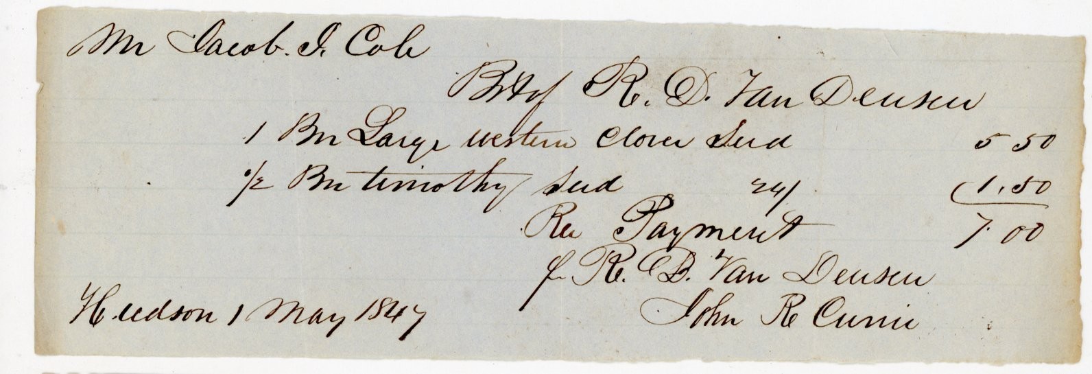 1847 Antique Receipt Hudson NY Jacob I Cole R. D. Van Deusen Clover Timothy Seed