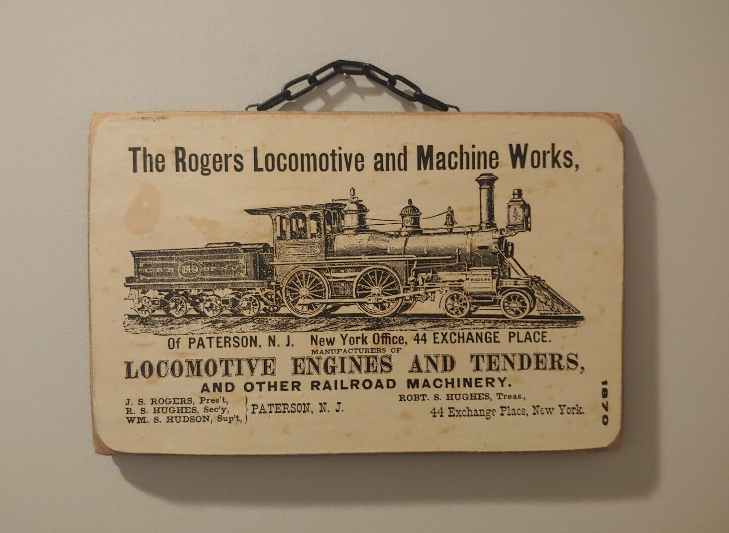 VTG Rogers Locomotive and Machine Works ad Train Hanging Wood Print Plaque