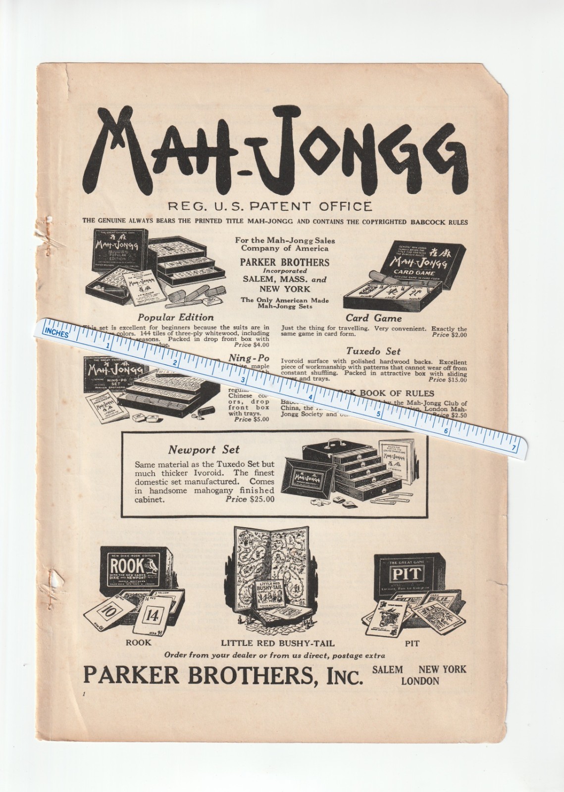 1923 PARKER BROTHERS Mag. AD~LITTLE RED BUSHY TAIL Game~MAH JONG~Tuxedo/Ning Po