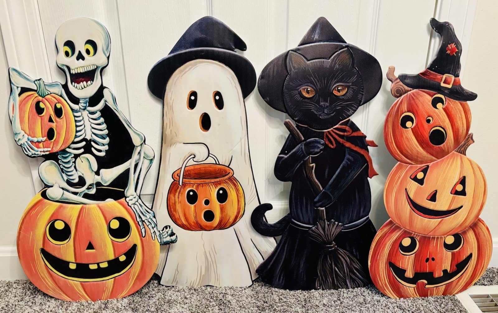 Vintage Inspired Halloween Metal Sign Set of 4 Skeleton Cat Pumpkin Ghost
