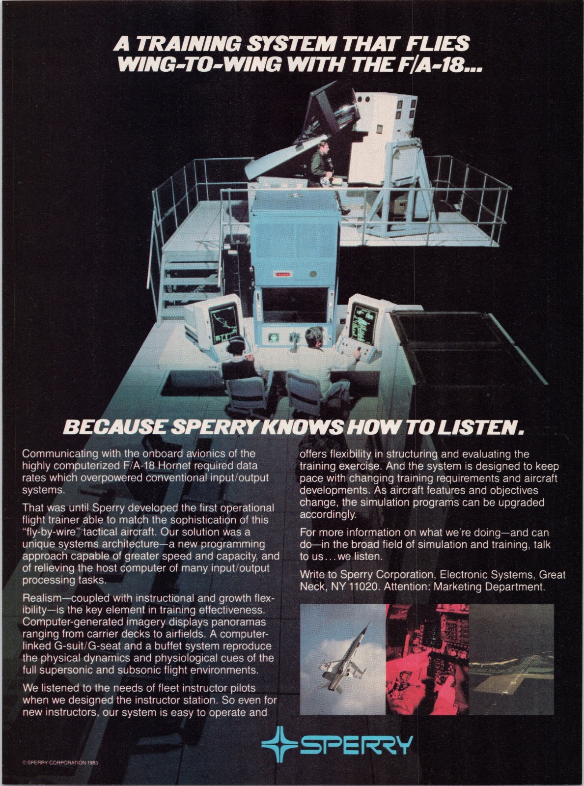 Sperry F/A-18 fly-by-wire Flight Trainer Great Neck NY Print Ad 1984