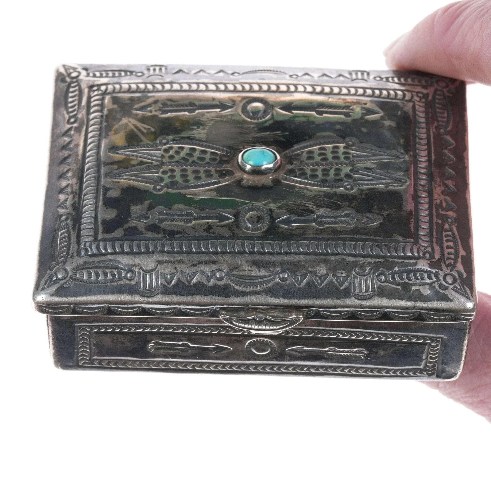 Morris Robinson (1900-1987) Hopi sterling silver box with turquoise