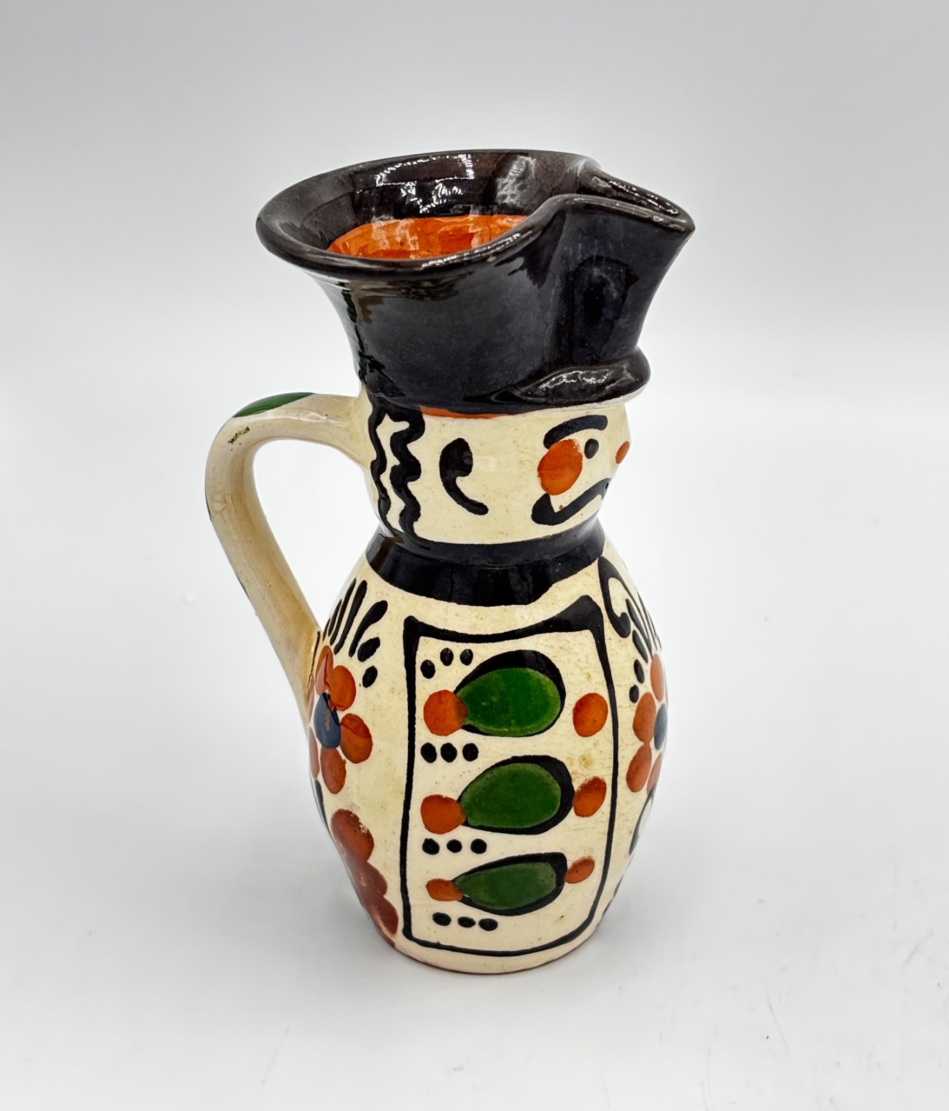 Hungarian Pitcher Folk Art Pottery Soldier Face Snake Flowers Handpainted 5”