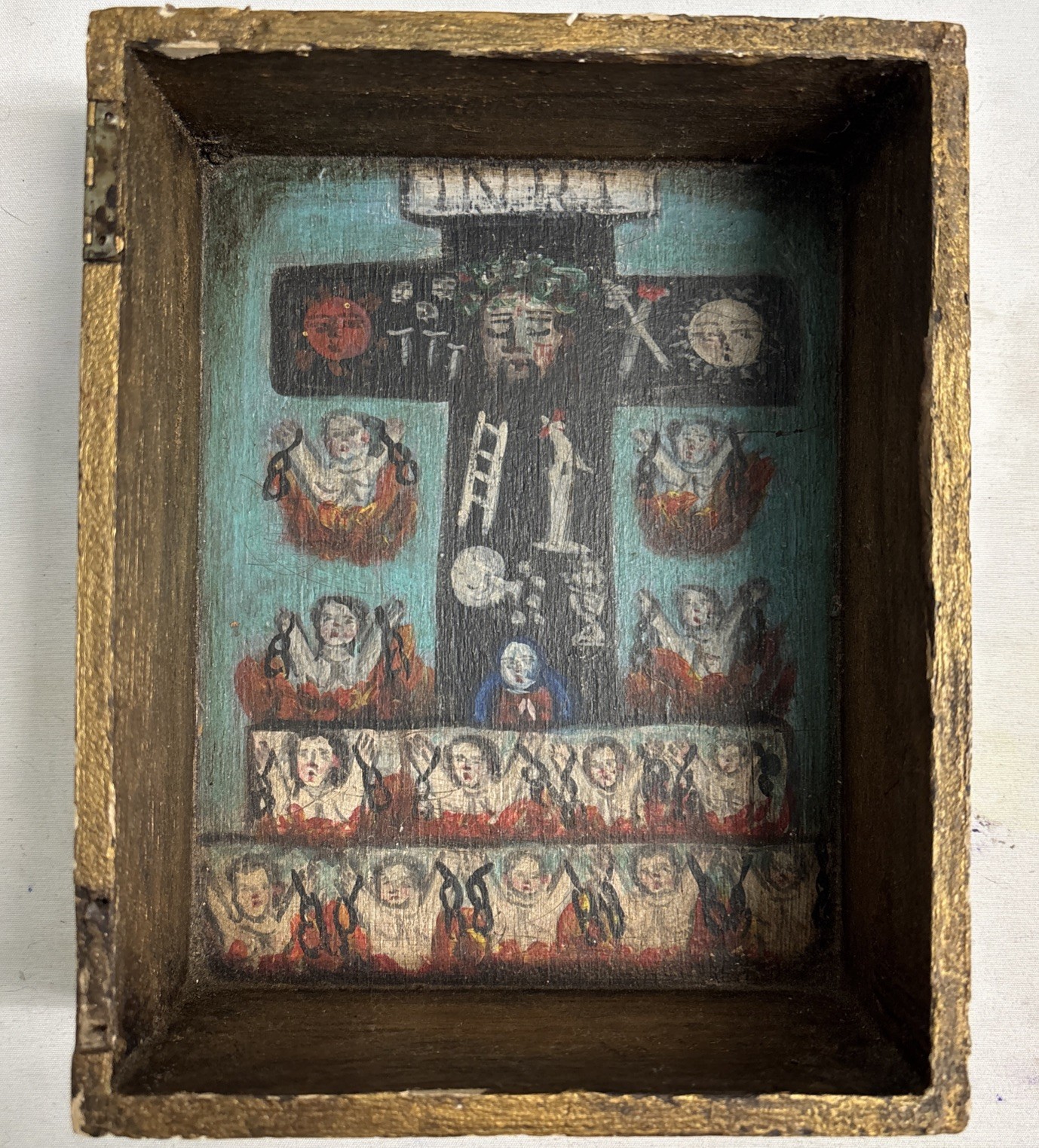 Mexican Religious Folk Art Box Wood, Jesus Purgatory, Hand Painted, Antique?