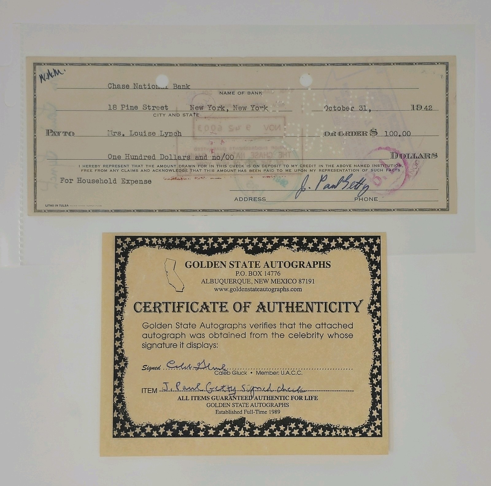 Billionaire Oil Tycoon J. Paul Getty Signed 1942 Check to Wife Teddy Lynch (COA)