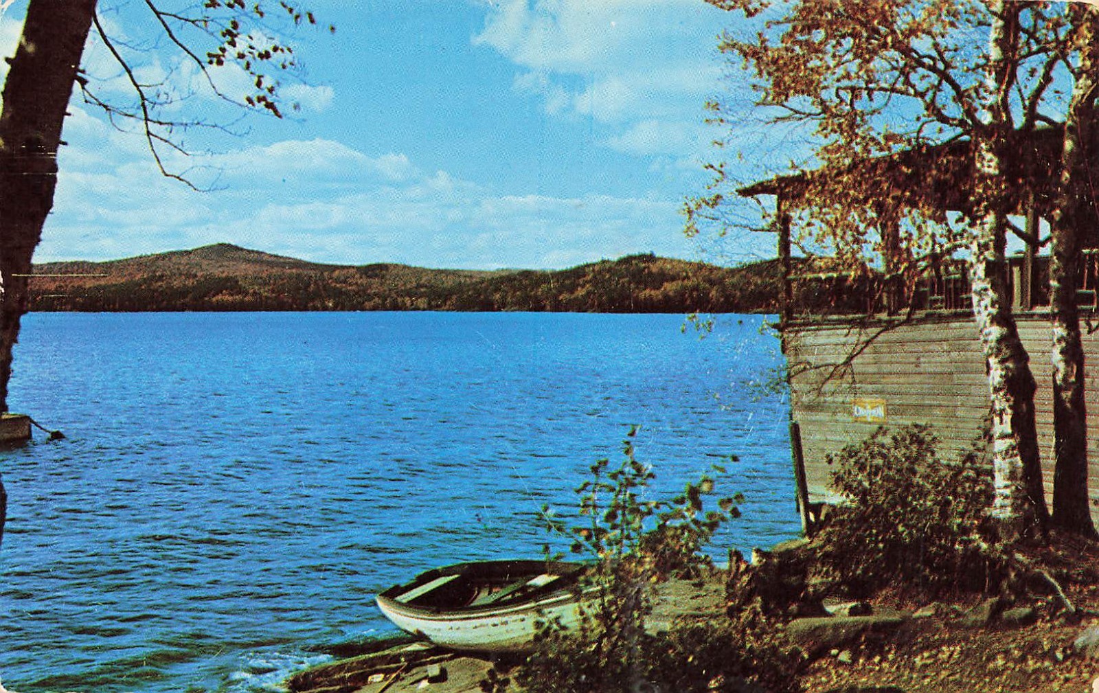 Vintage Lake Cabin Scenic Waterfront Chrome Postcard Canoe Mountain View Unused 