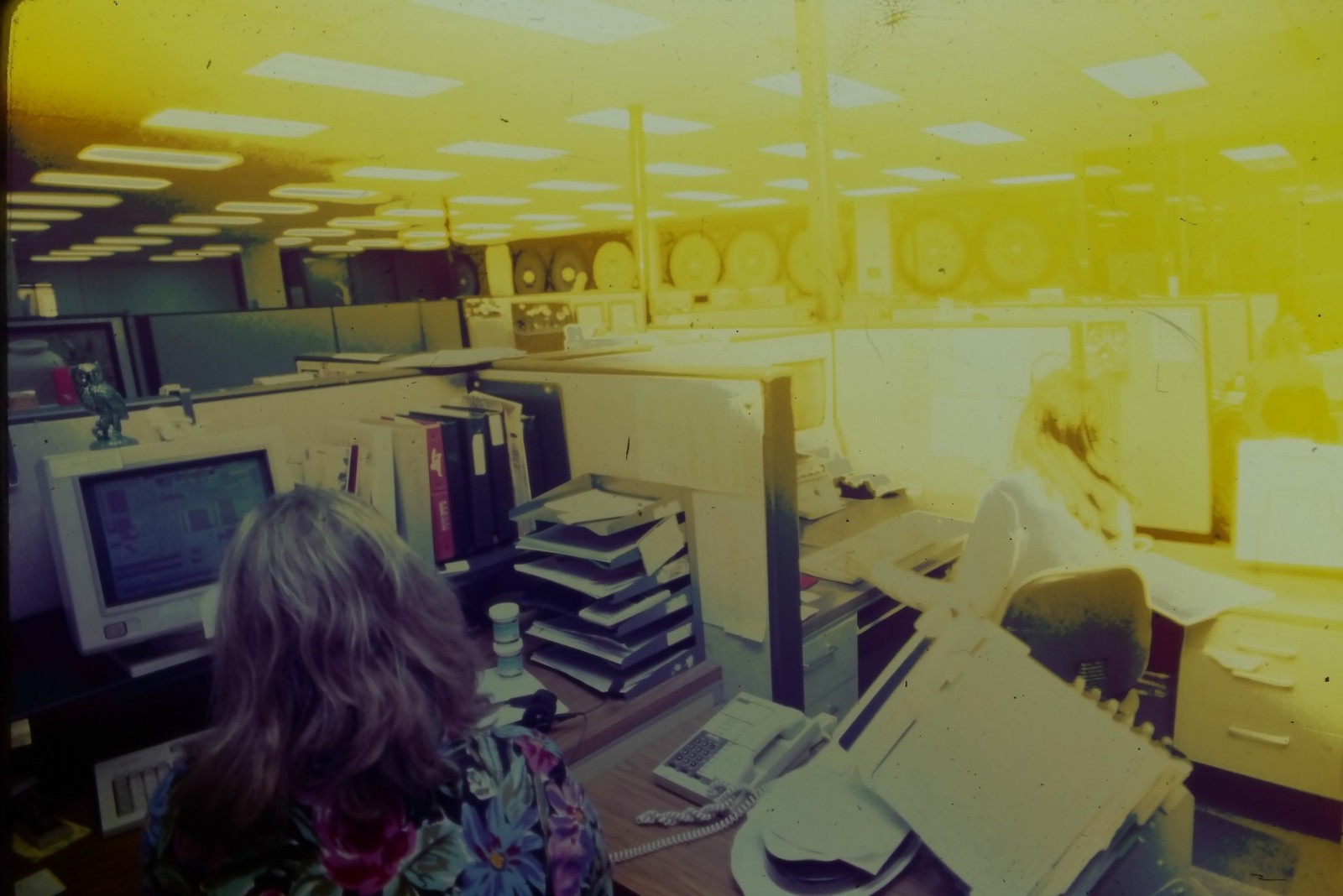 c1990's 35mm Slide Office Cubicle Computer Workstation Woman Wooden Color Photo
