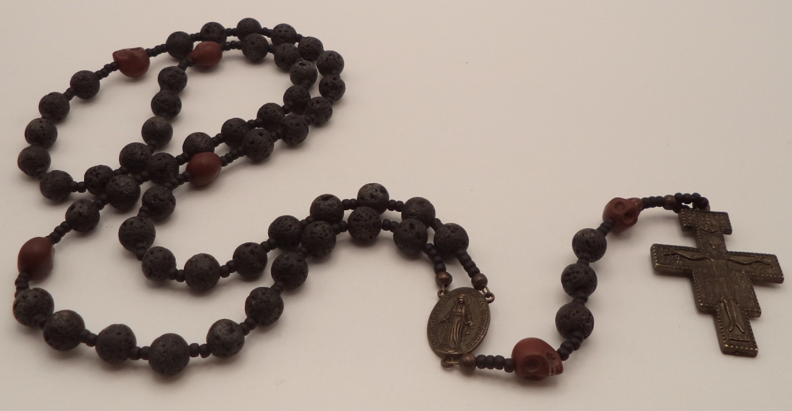 Memento Mori Rosary Lava Rock Black Volcano Stone Red Skull Beads San Damiano 22