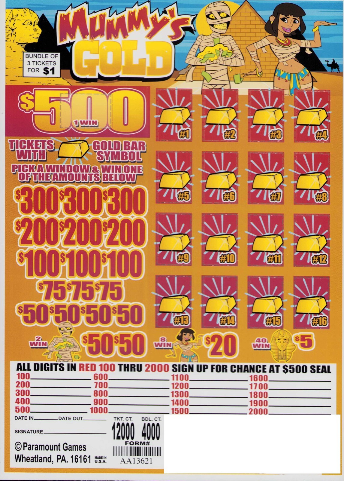 Pull Tab Ticket- Jar - Game - Mummy's Gold - Windows - 4,000 ct