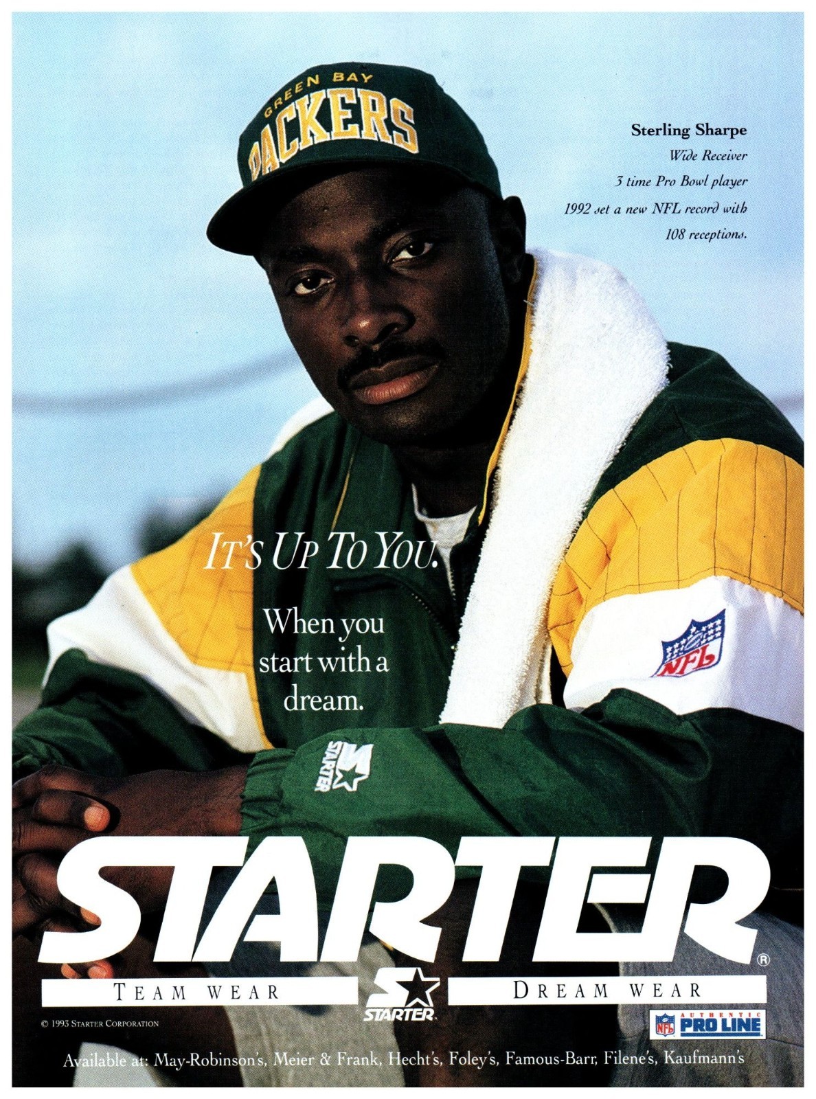 1993 Starter Team Wear NFL Jacket Vintage Print Ad Sterling Sharpe 90s Wall Art