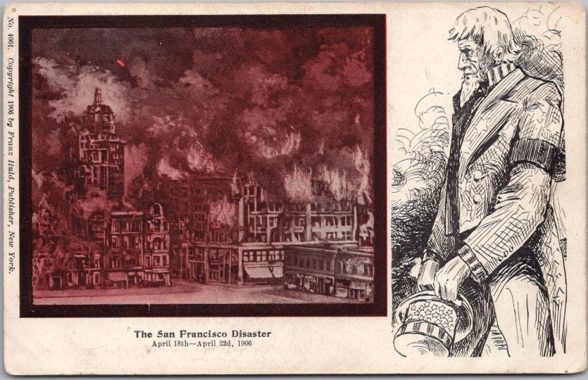 Vintage 1906 SAN FRANCISCO EARTHQUAKE Postcard Artist\'s Fire Scene / Uncle Sam