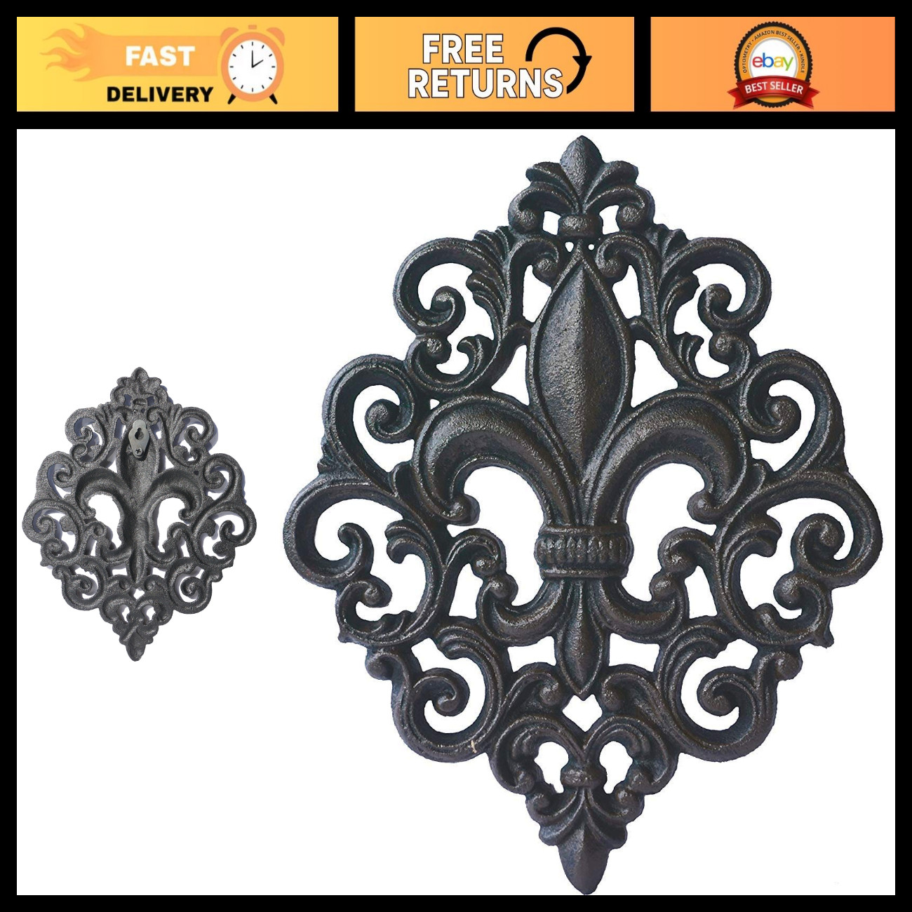 Cast Iron Fleur De Lis Wall Decor Plaque - Rustic Home Accent, Vintage Style