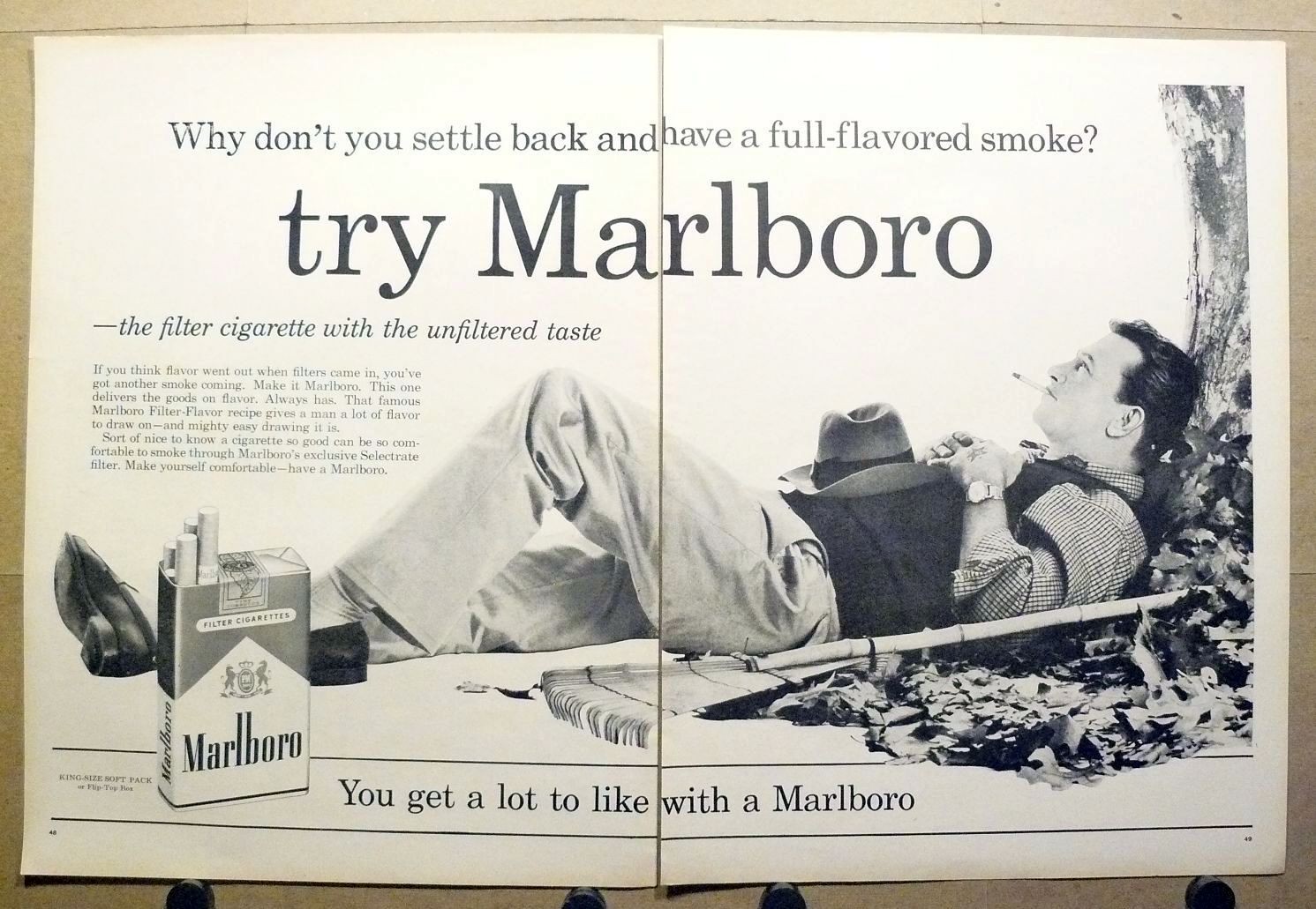 1960 Marlboro Cigarettes Vintage Print Ad Relaxing Man Hand Tattoo Fedora Hat