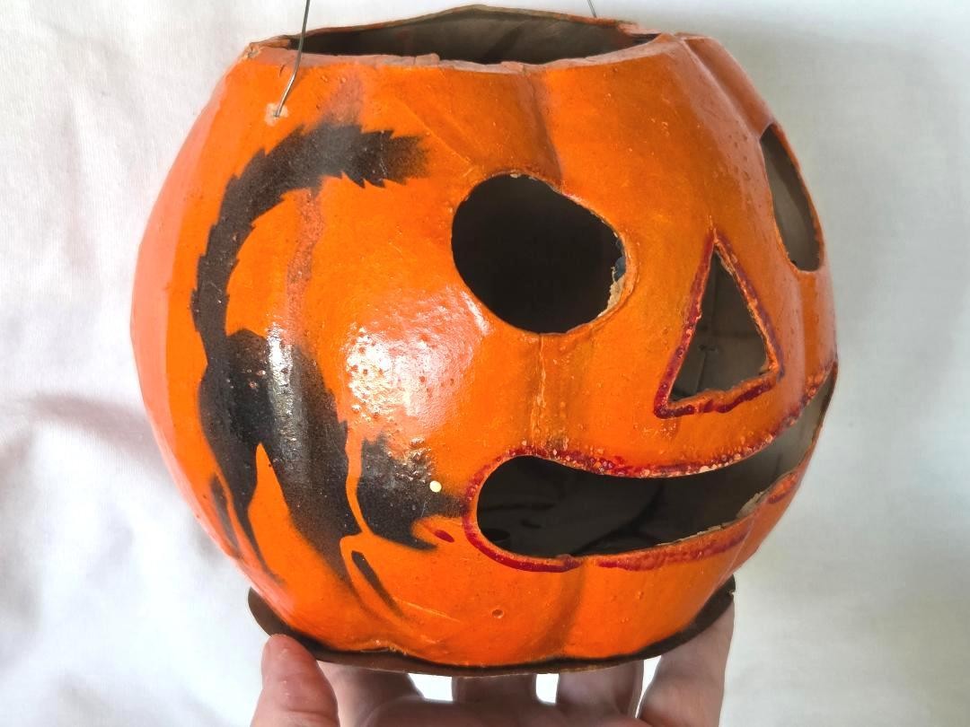 Antique German Paper HALLOWEEN Pumpkin Jack O'Lantern, Stenciled Witch Black Cat