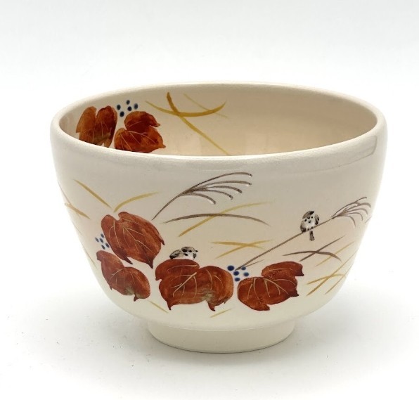 Kyo Kiyomizu yaki ware Japanese Matcha Tea bowl Chawan Red ivy & Sparrows Japan