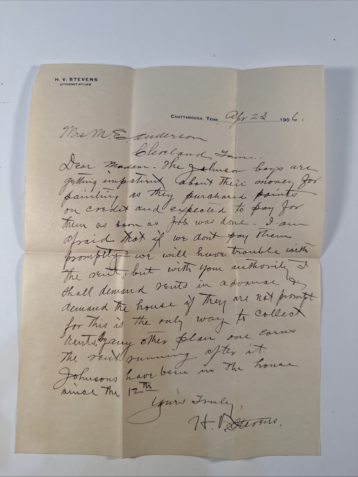 1906 Chattanooga Tennessee Attorney Letterhead Rent Collection Manuscript Letter