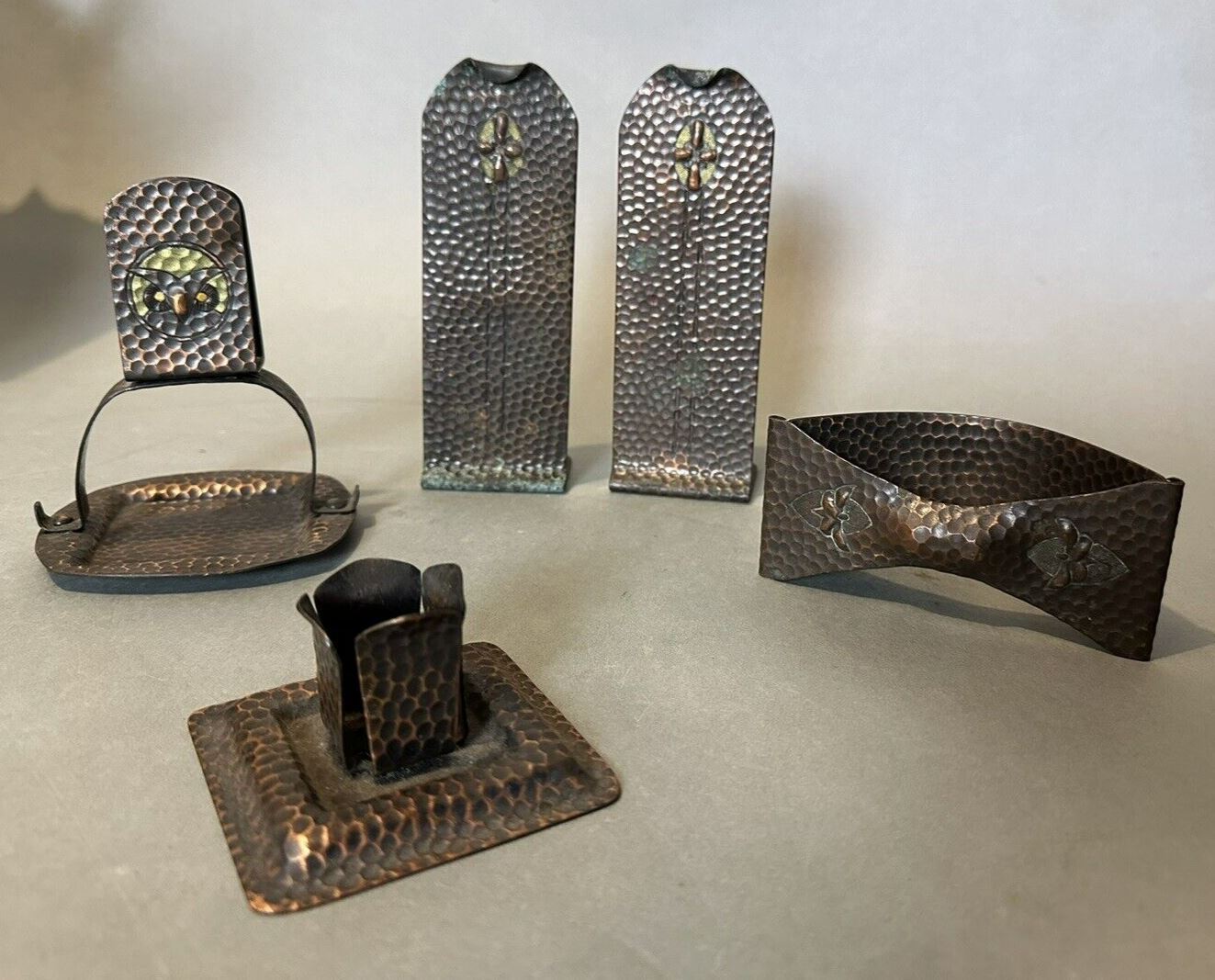 Vintage Arts & Crafts Era Hammered Copper & Polychrome Decorated Desk Items