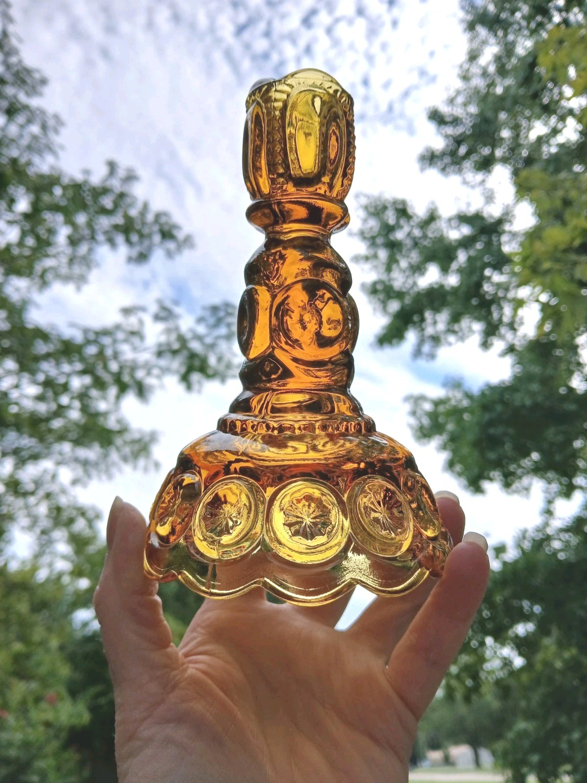 Vintage L E Smith Amber Moon And Stars Candle Stick Holder 6.25\