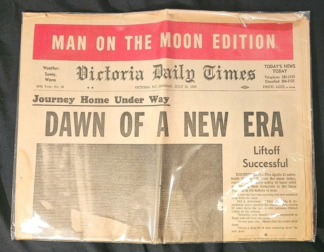 1969 Vintage Newspaper: Victoria Daily Times Man On The Moon Apollo 11 Moon