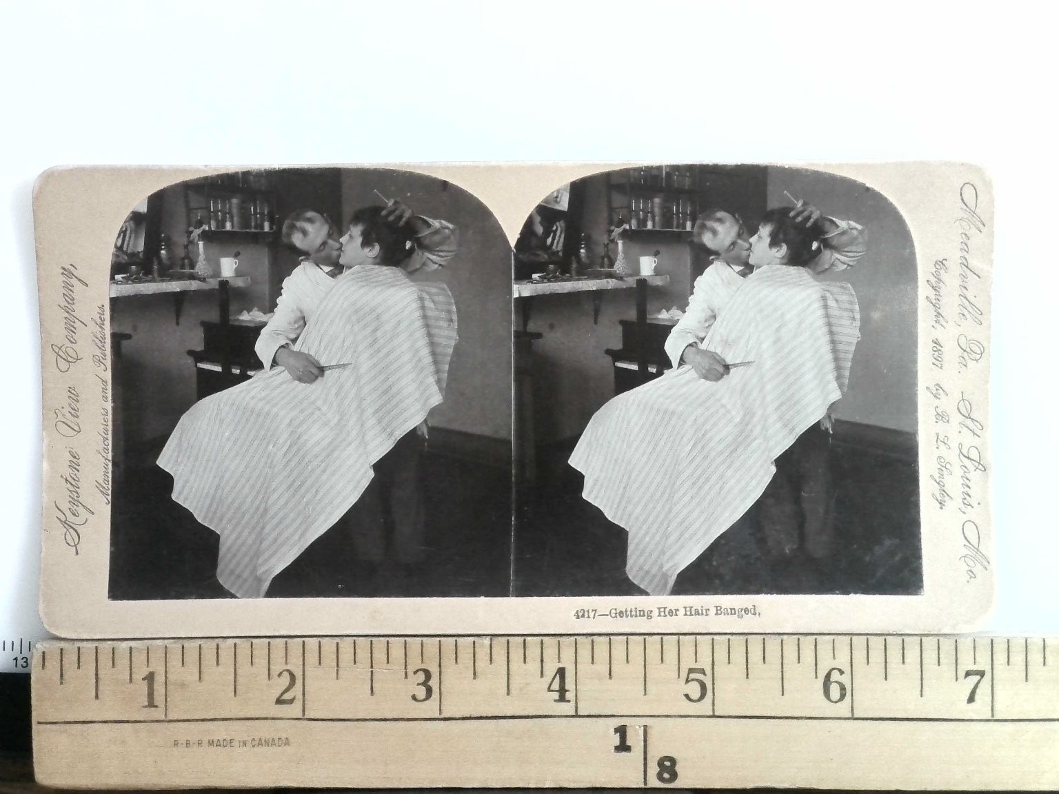Getting Her Hair Banged Barbershop Stereoview Keystone View Co. 1897 Humorous