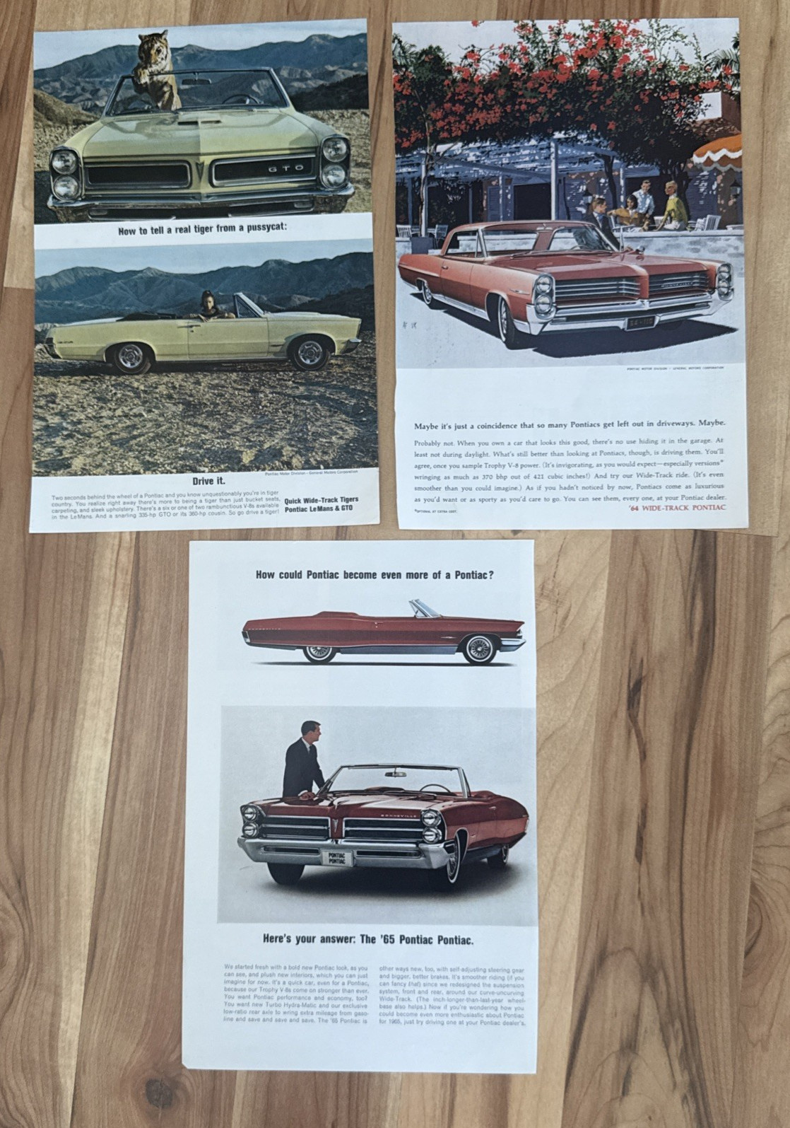 1965 & 1964 Pontiac Lot of 3 Tiger GTO Le Mans Wide Track Color Print Ad GM