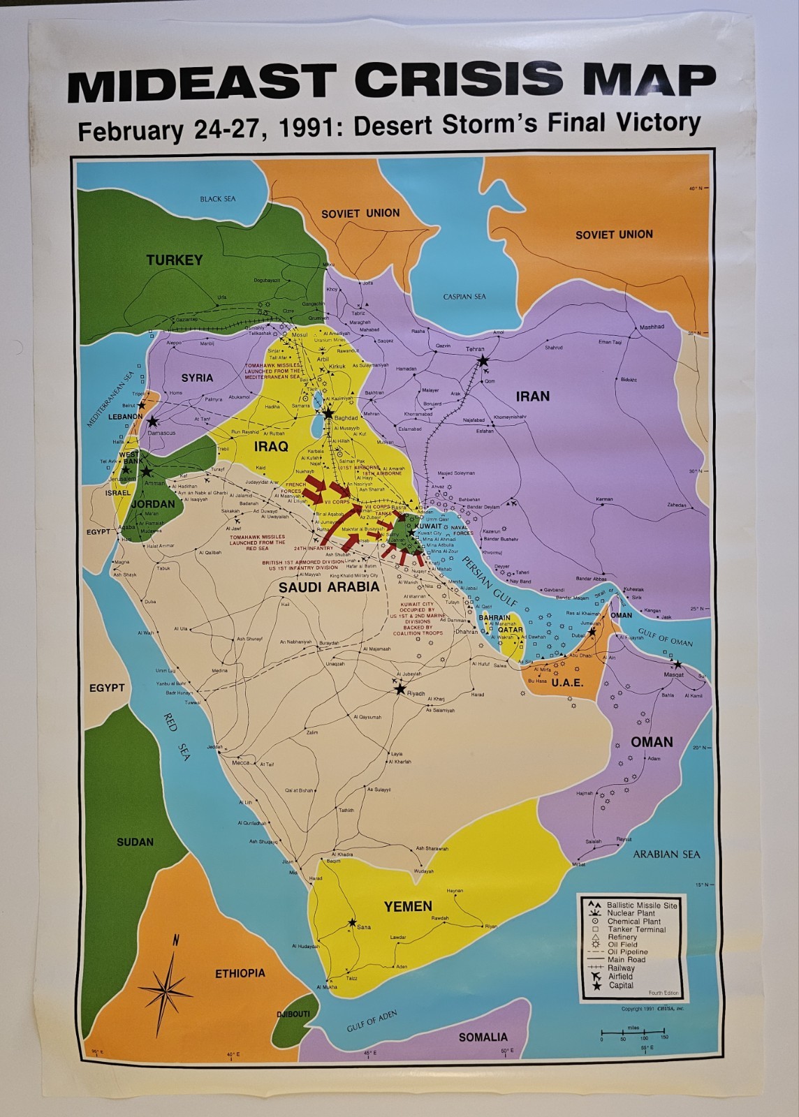 Vintage 1990s Middle East Crisis Map/Poster Conflict Gulf War 36