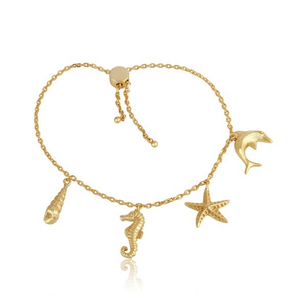 Sea Charms Dangling Seahorse-Starfish-Shell-Dolphin Fish Bracelet In Gold Toggle