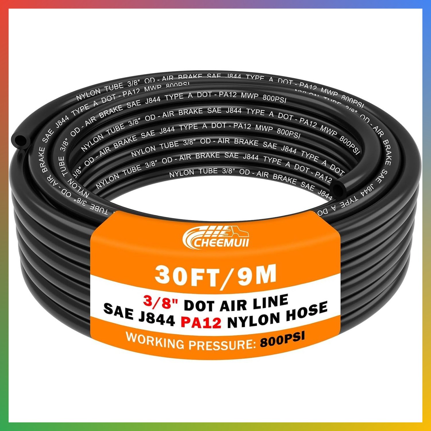 3/8 Inch DOT Air Line Hose 30FT Black PA12 Nylon Pneumatic Tubing