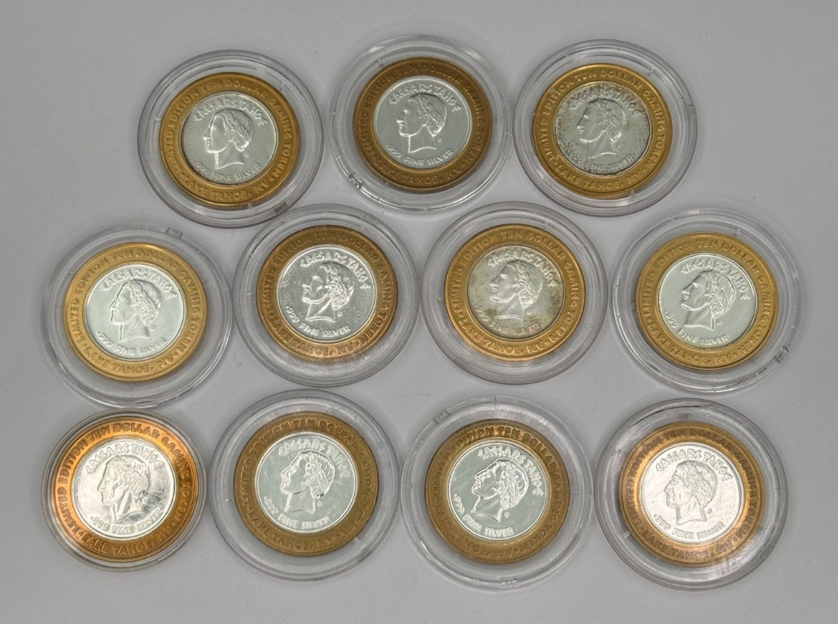 11 Caesars Tahoe $10 Casino Gaming Tokens .999 Fine Silver Limited Edition Lot