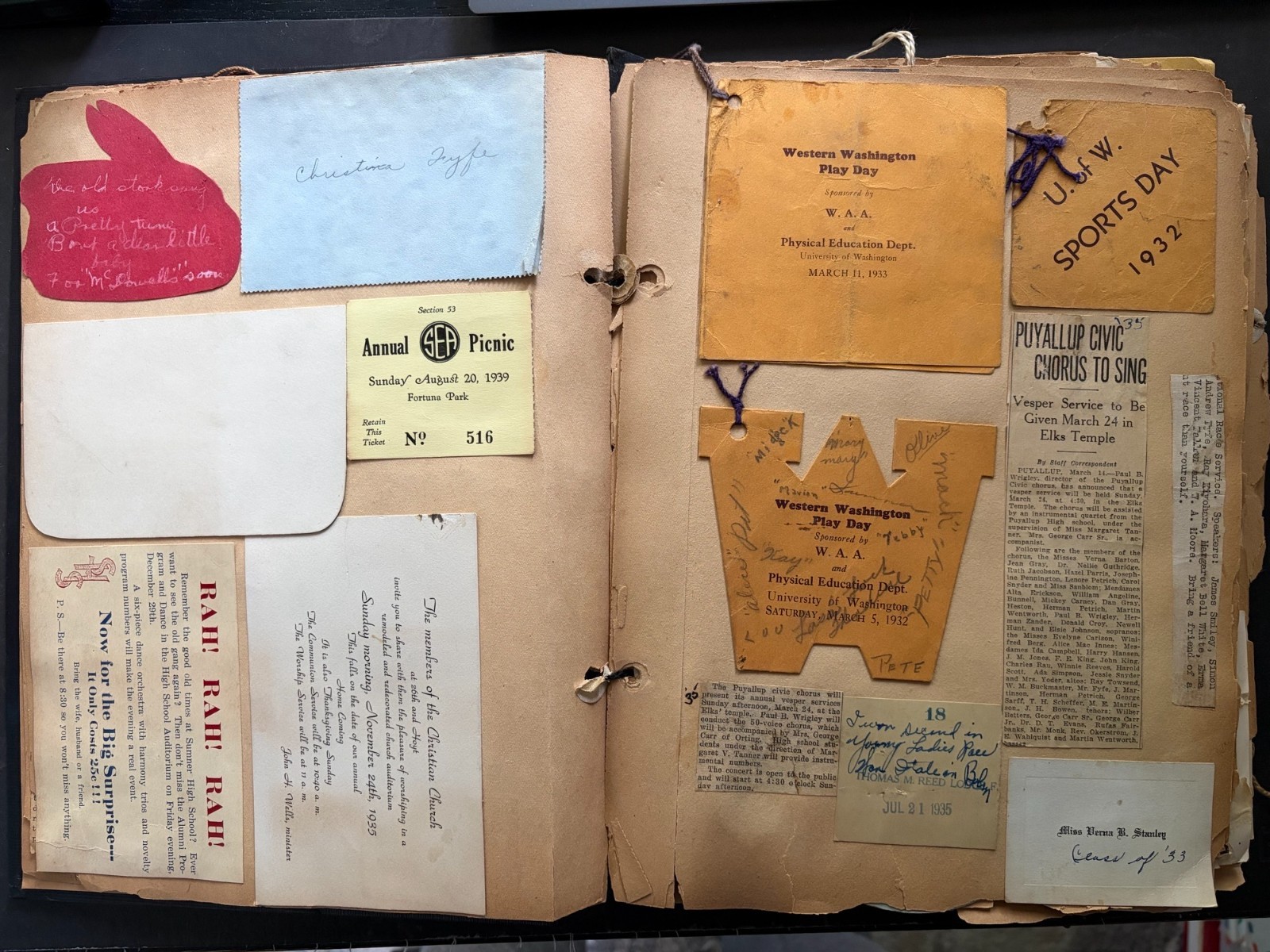 Fantastic 1930's Scrapbook w/ loads of Letters, Tickets, UW/School memorabilia