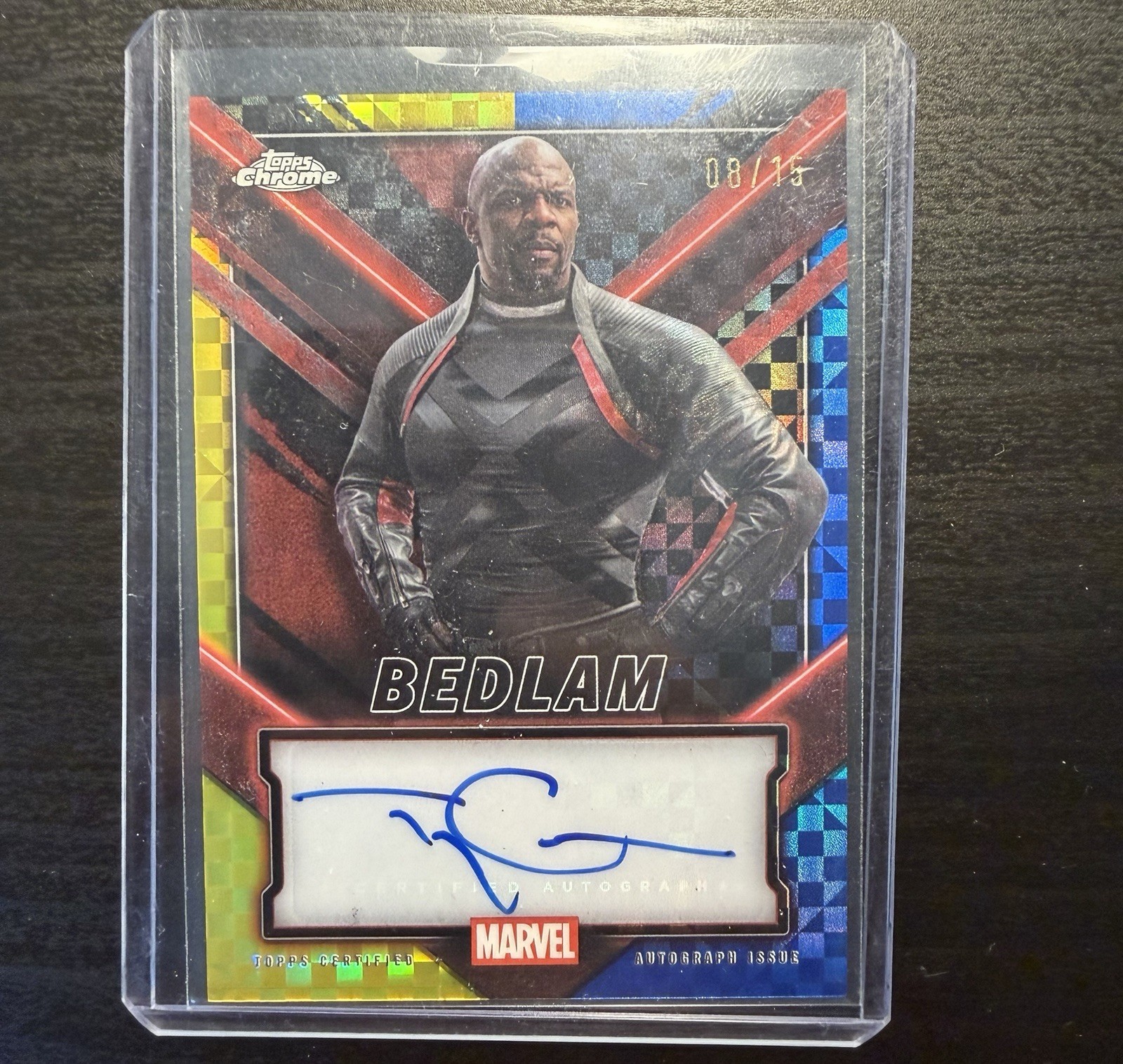2025 Topps Chrome Deadpool TERRY CREWS as BEDLAM Yellow Blue X-Fractor Auto /15
