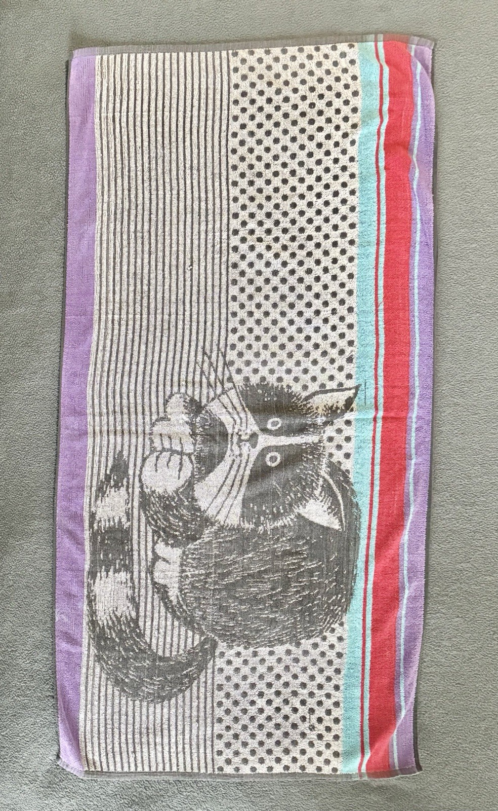 Vtg Cecil Saydah Beach Towel Ipanema Cat Polka Dots Stripes Purple Red *READ*