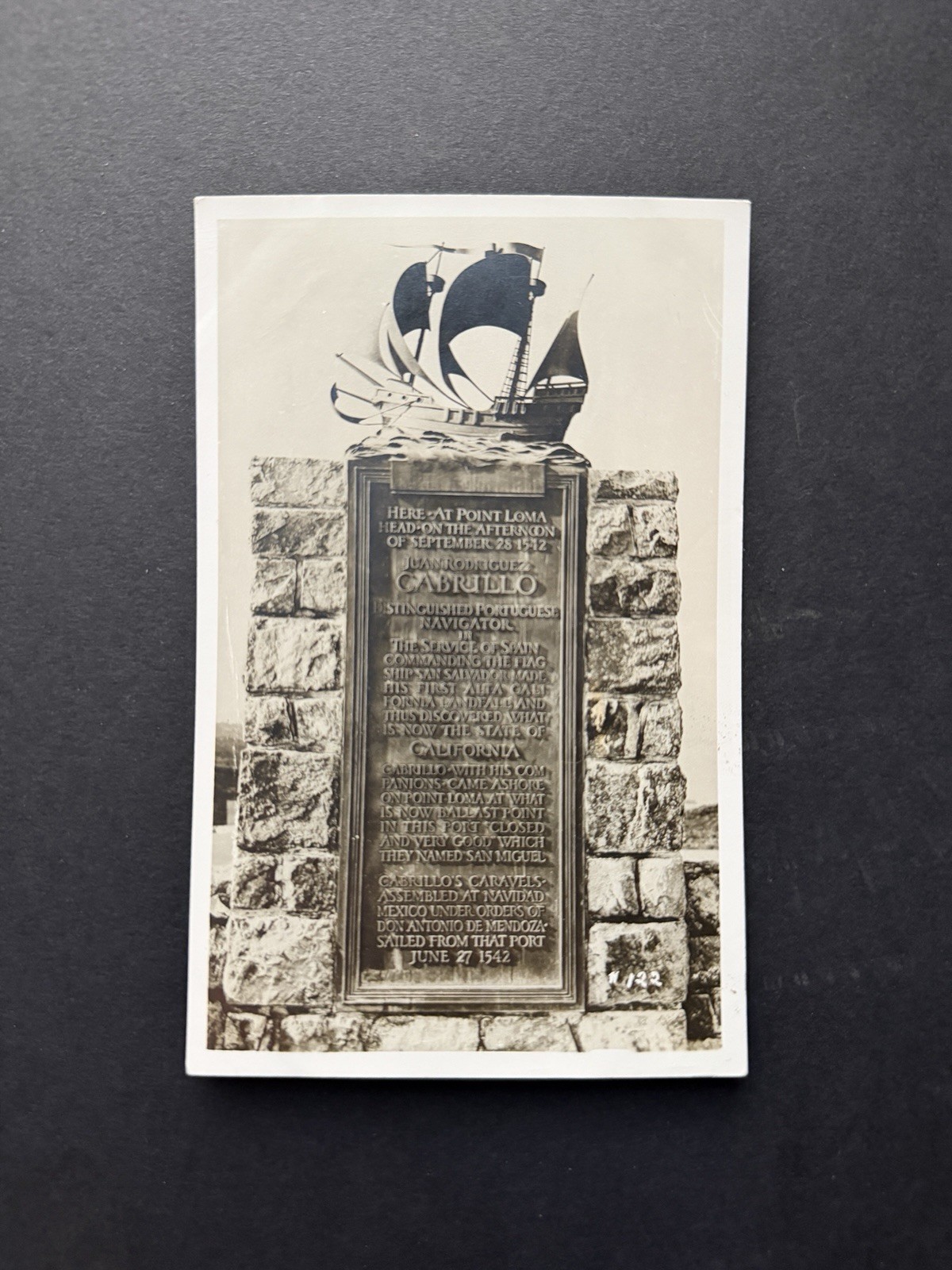 Vintage RPPC - Point Loma Plaque - Antique Postcard Silver Gelatin Unused