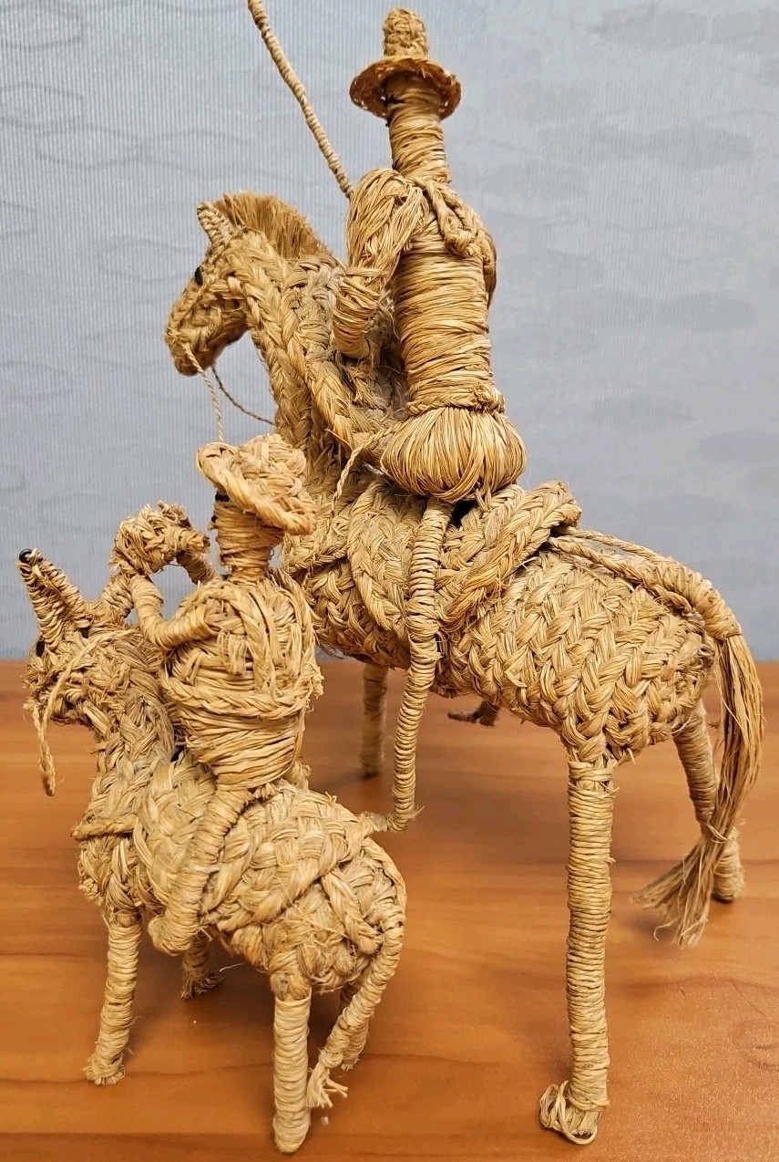 Vintage Rare Hand Woven Don Quixote on Horse & Sancho Panza on Donkey, Figurines