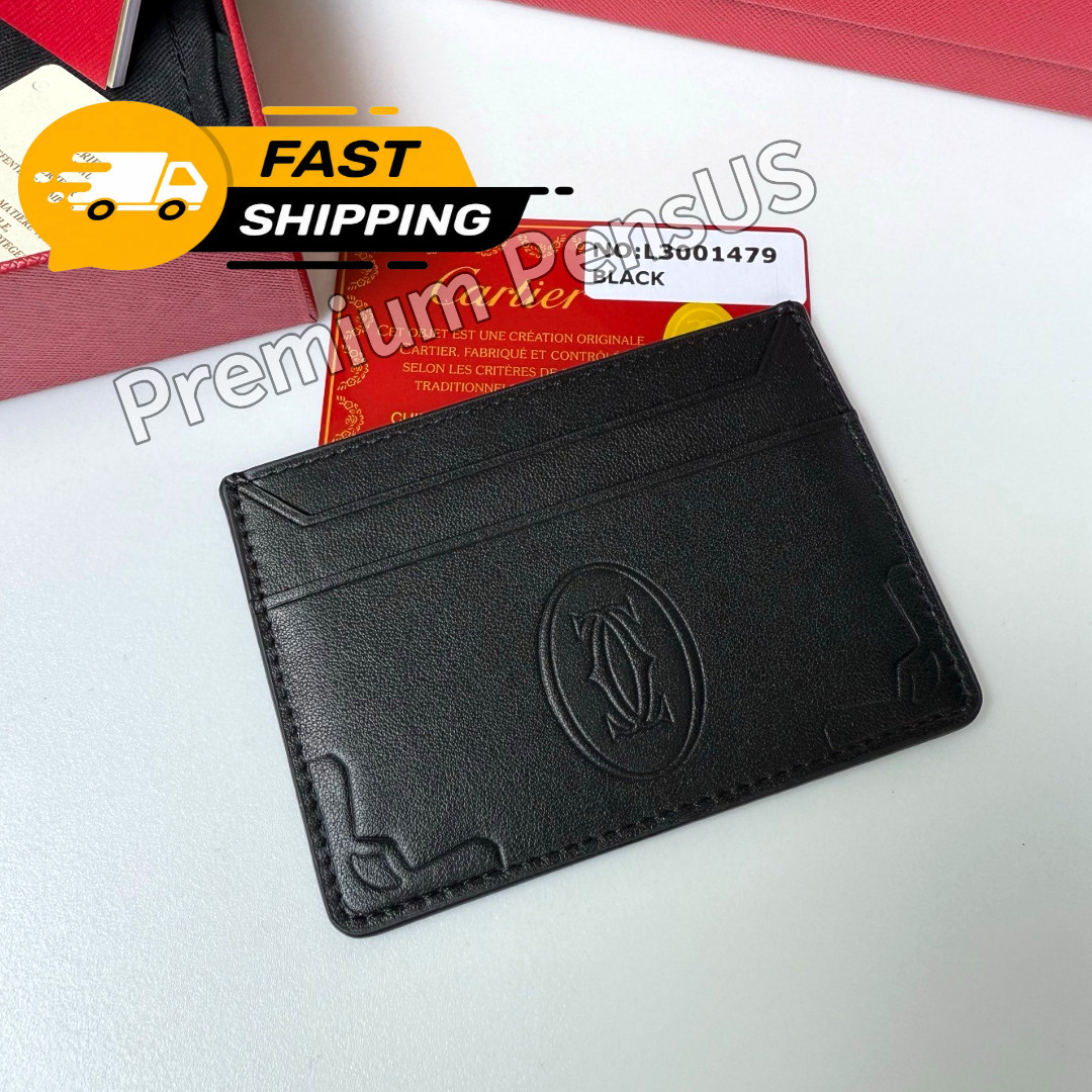 CARTIER Must De Cartier Black Leather Card Holder Wallet Luxury Full Set NOS