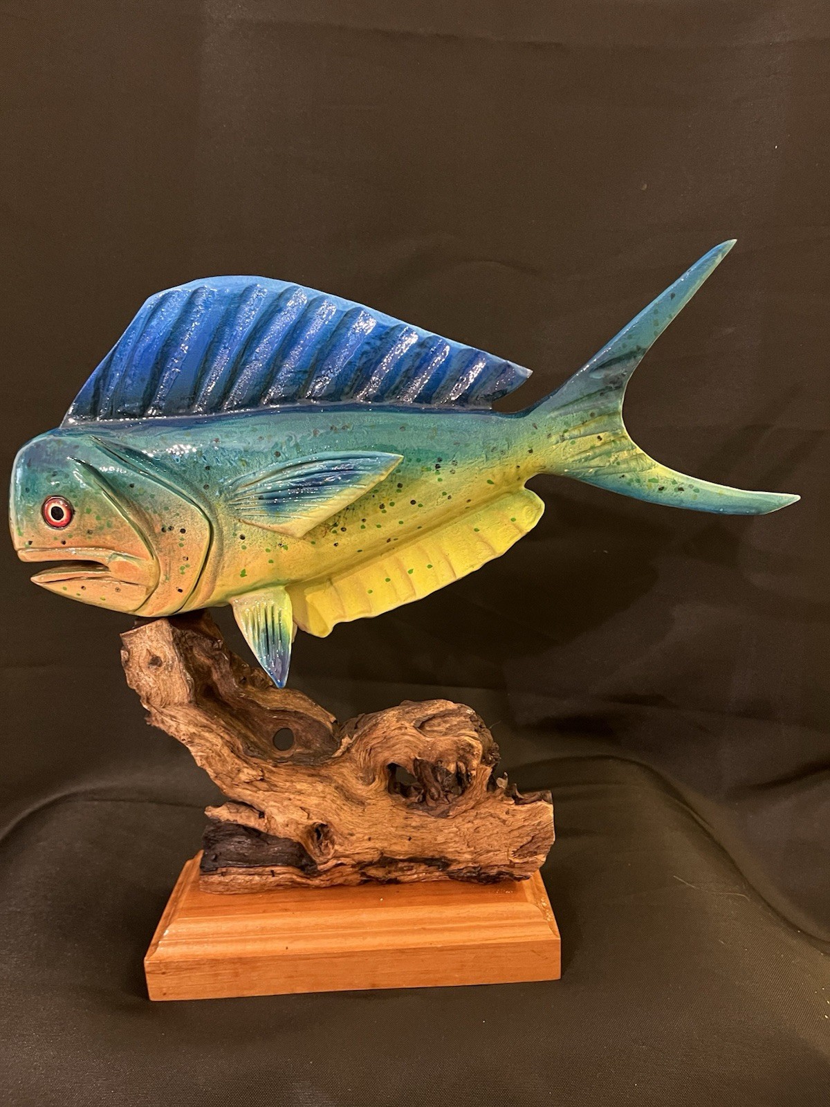 Mahi-Mahi Dolphin Fish Hand Carved Hand Painted Art Piece On Driftwood. Signed