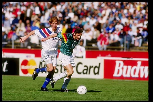 Alexi Lalas of United States vies for ball with Stefan Kuntz of Ge- Old Photo