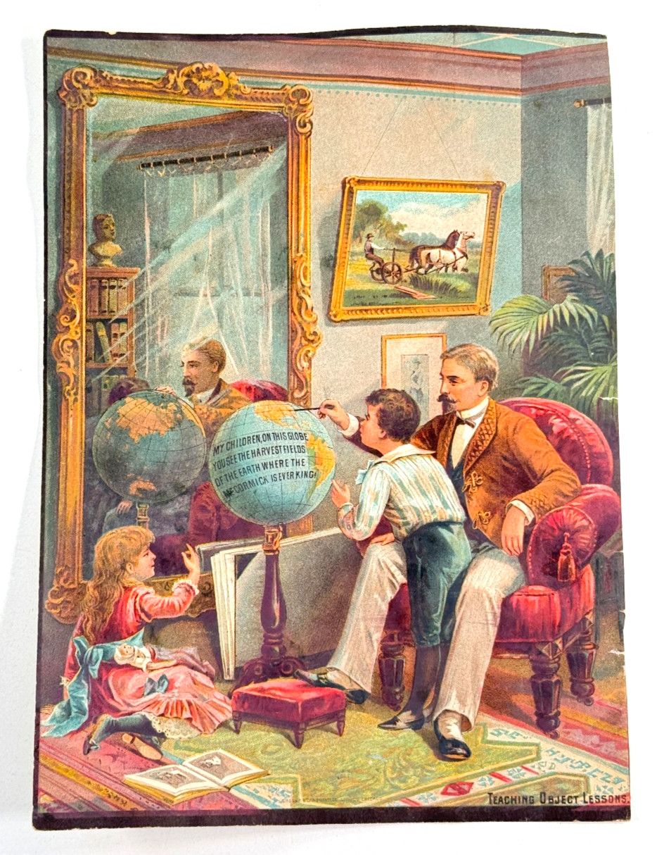 RARE 1890's Large McCormick harvesting trade card tractor father geography