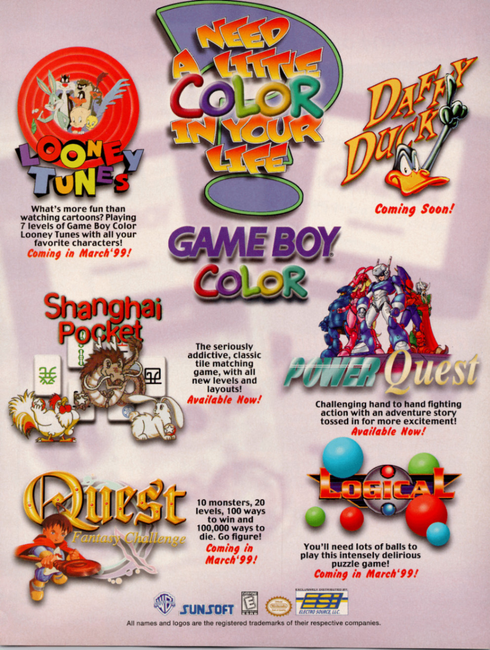 Nintendo Game Boy Color 1999 Print Ad Looney Tunes Power Quest Quest Logical