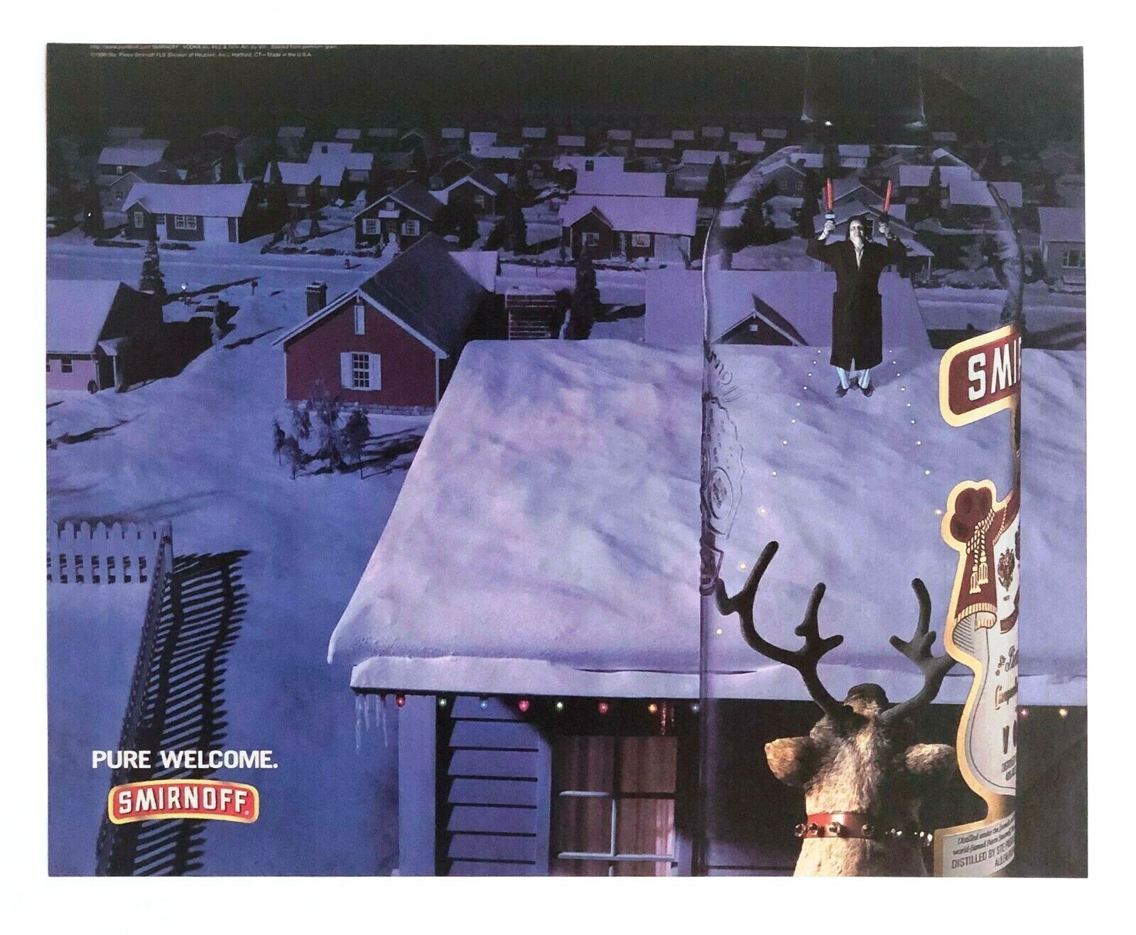 Smirnoff Vodka Advertisement 1997 Christmas Reindeer Landing Roof Vtg Print AD