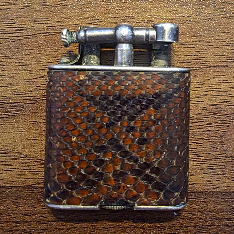 Vintage 1920s Dunhill Unique Liftarm Pocket Lighter, Lizard Leather, Pat 143752