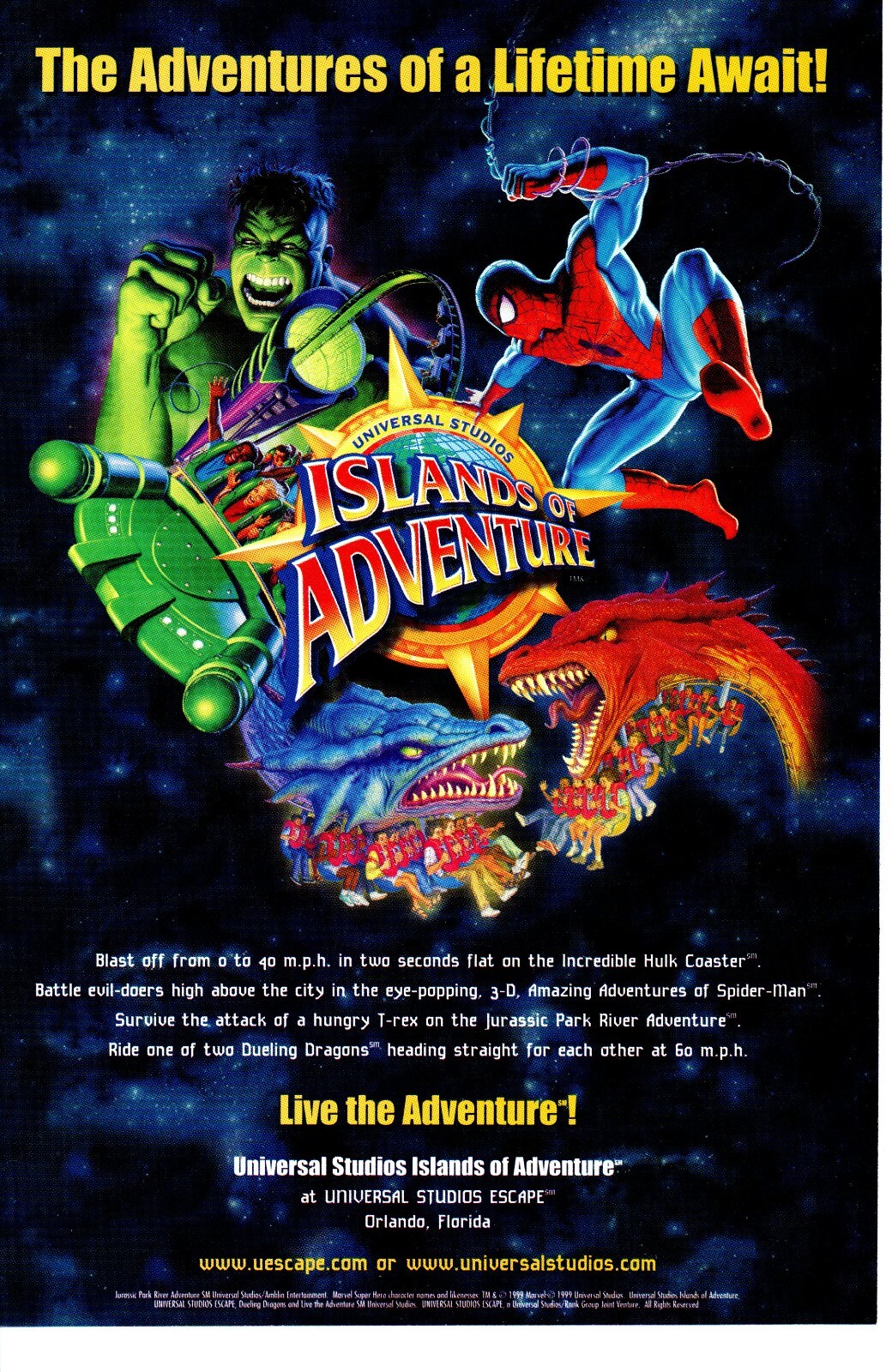 1999 ISLANDS OF ADVENTURE UNIVERSAL STUDIOS PRINT AD - SPIDERMAN HULK MARVEL ART