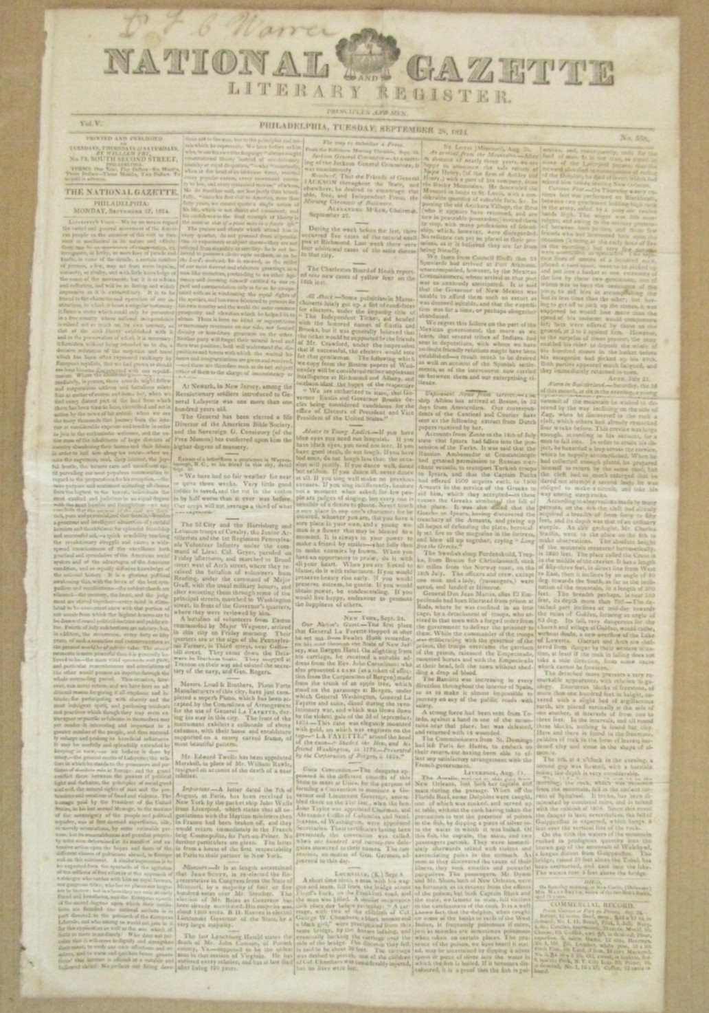REV WAR HERO GENERAL LAFAYETTE VISITS  PHILADELPHIA SEPT 1824 NEWS
