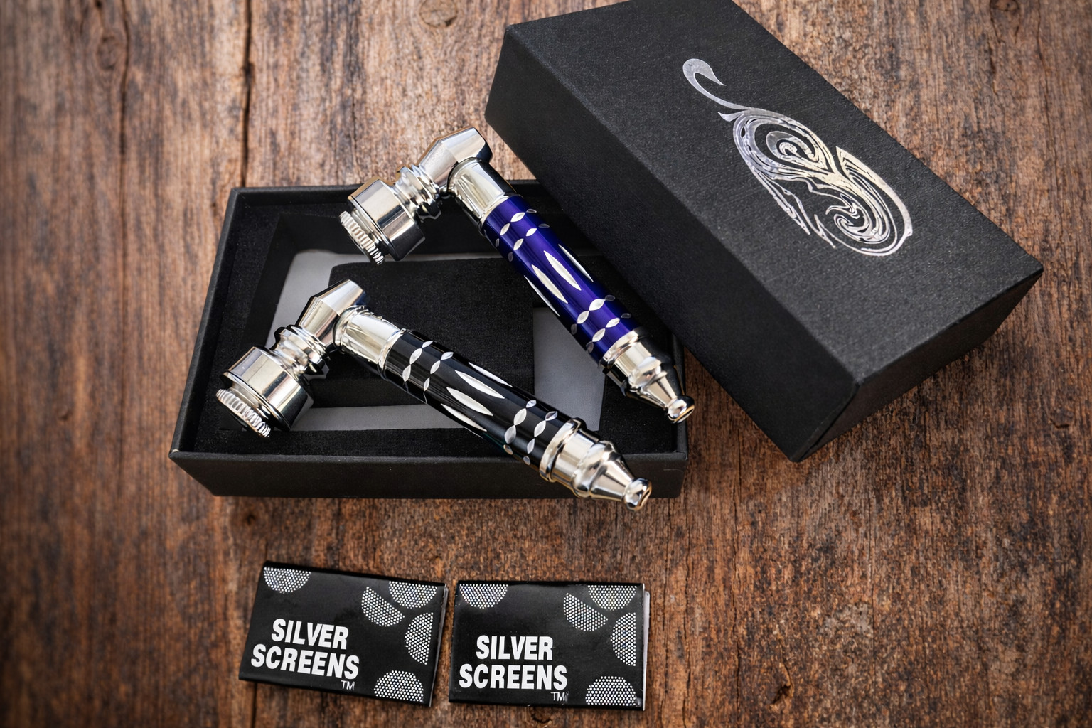 2PK All Metal Smoking Pipe with Lid Tobacco Pipe Black Blue Finish Gift Box